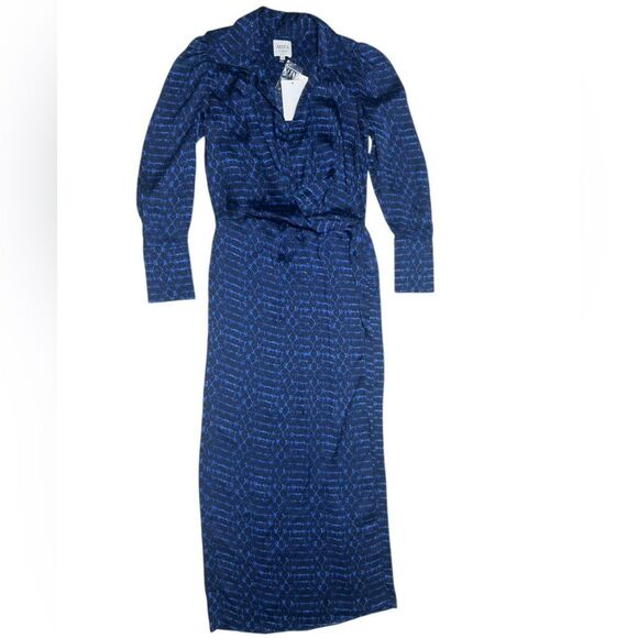 NWT MISA Los Angeles Valentina Chiffon Long Sleeve Wrap Front Dress Dark Blue - Picture 2 of 12